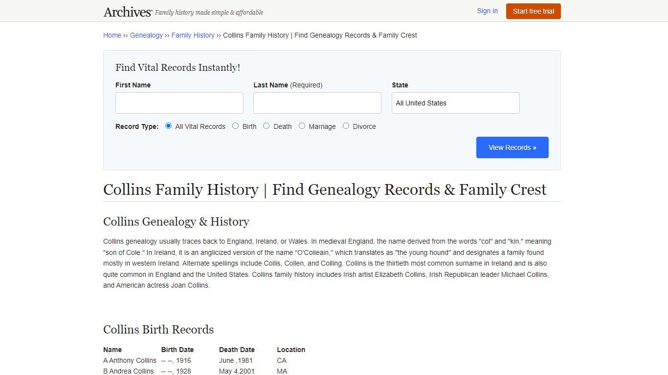 Collins Family History | Find Genealogy Records & Family Crest